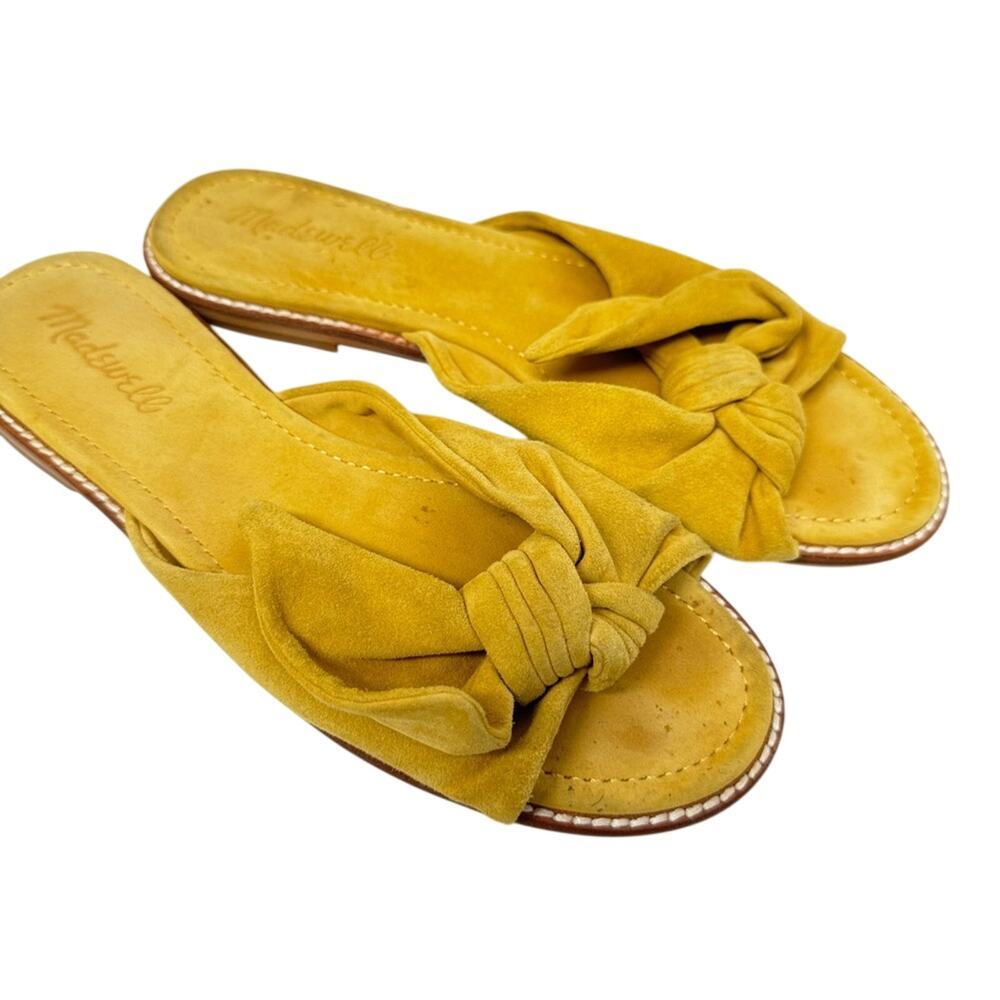 Madewell Mustard Yellow Suede Leather Bow Flats Womens 7 Sandals Slides Beach